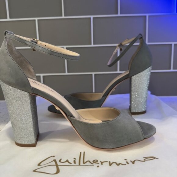 Guilhermina Grey Suede & Glitter Ankle-Strap Open-Toe Pumps in Size 41 - Picture 2 of 9
